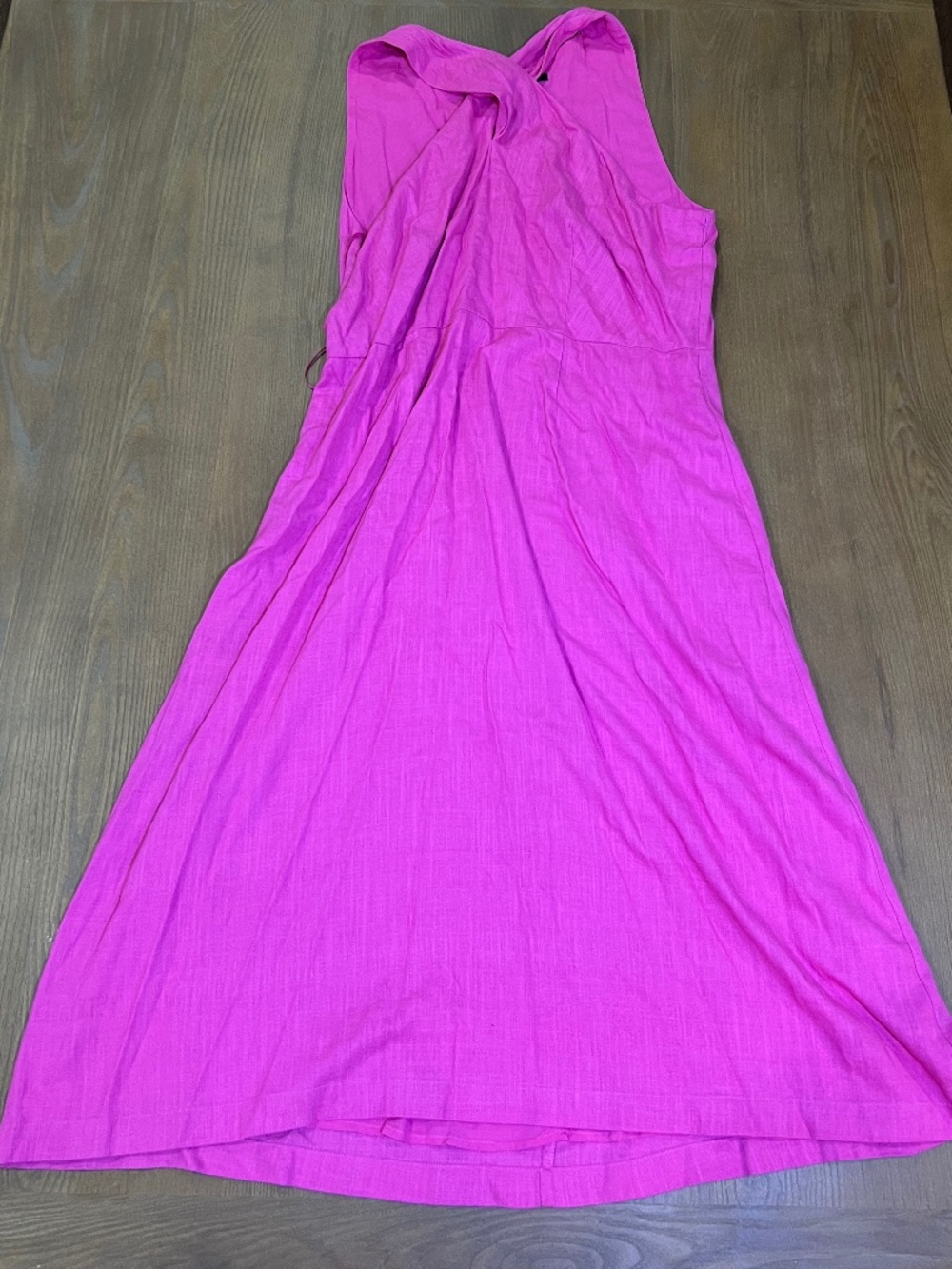 Ann Taylor Fuscia Pink Linen Blend Cross Neck Halter Midi Dress 14 A-Line